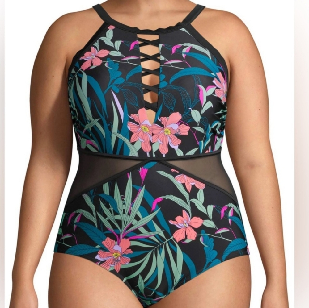 Terra & Sky Swimsuit One Piece Black Tropical Print Plus Size 3X 24W-26W NWT